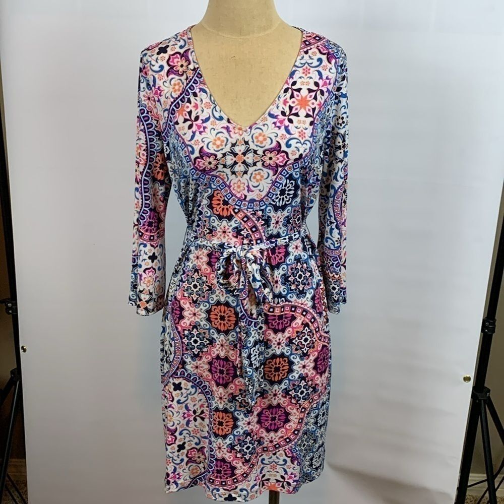 Prelude multicolored floral flared long sleeve dress with tie, Large
